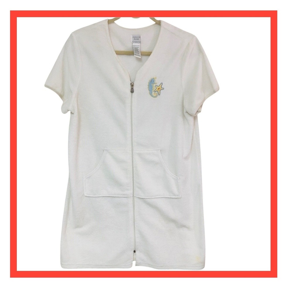 Jasmine Rose Terry Cloth Robe Cover Up Embroidered Womens M White‎ Beach Casual